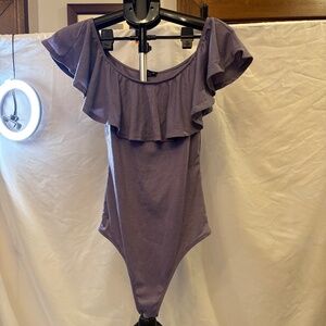 Paperoc Ribbed Short Sleeved Ruffled Body Suit Purple Size Large
